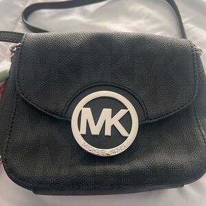 Michael Kors Black Leather Crossbody Bag – Silver MK Logo